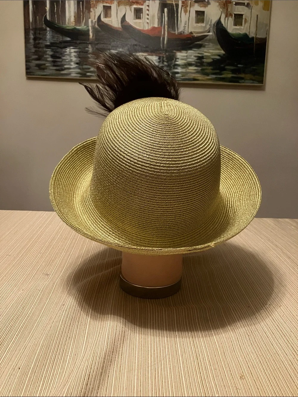 Elegant Women’s Straw Hat with Brown Floral & Feather Accent